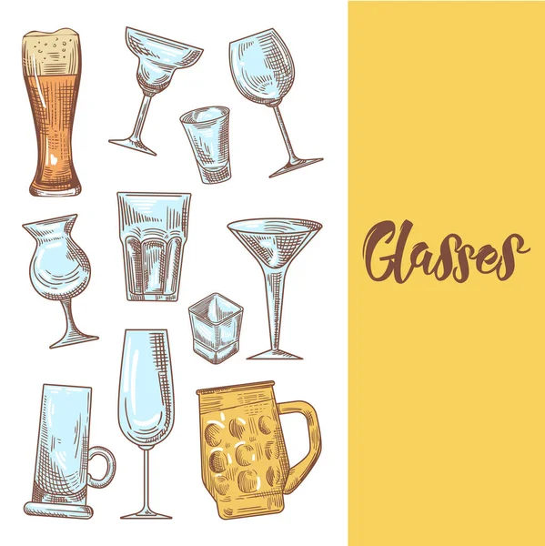 Conjunto de copas de bebidas diferentes. Tallo dibujado a mano Doodle en pizarra. Ilustración vectorial — Vector de stock