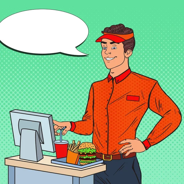Pop Art glücklicher Mann Kassierer nimmt die Bestellung an. Mitarbeiter eines Fast-Food-Restaurants. Vektorillustration — Stockvektor