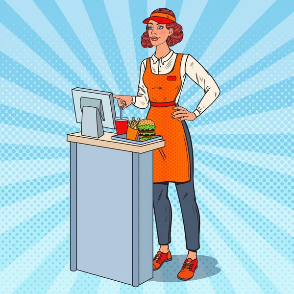 Pop Art Female Cashier tar imot bestillingen. Hurtigmatrestaurantarbeider. Vektorillustrasjon – stockvektor