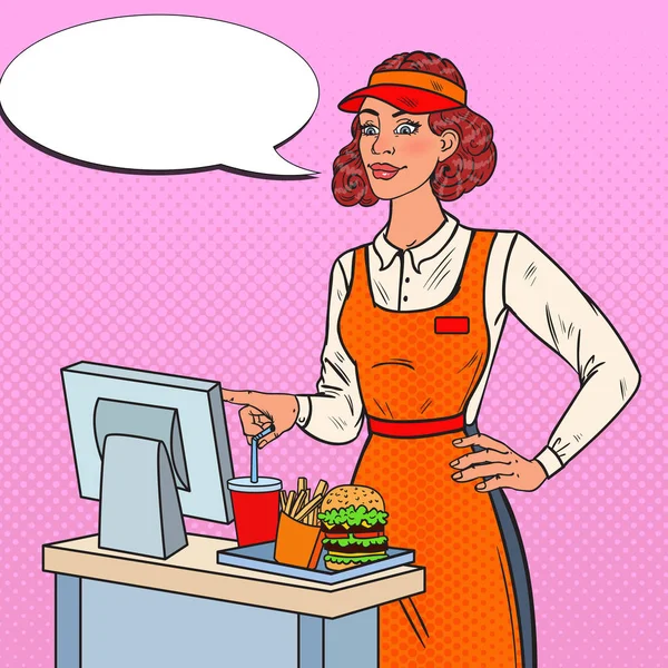 El cajero de arte pop toma la orden. Trabajador de restaurantes de comida rápida. Ilustración vectorial — Vector de stock