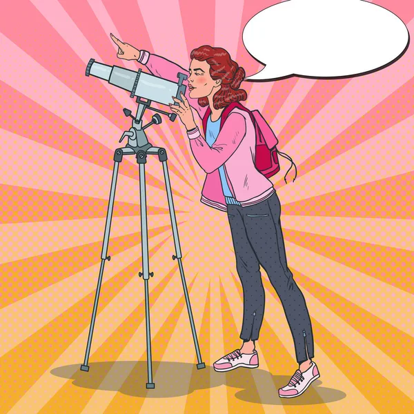 Pop Art Mujer feliz mirando a través de un telescopio en el cielo. Equipo Astronómico. Ilustración vectorial — Vector de stock