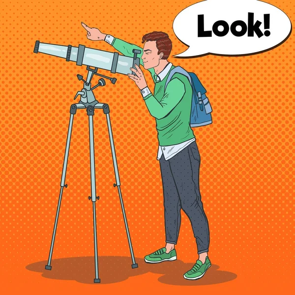 Pop Art Young Man Looking Through a Telescope on the Sky. Astronomical Equipment. Vector illustration — Stock Vector