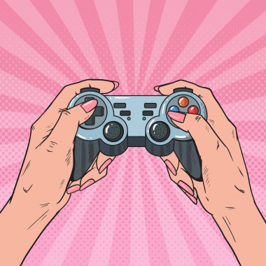 Sanat Gamepad tutan kadın pop. Joystick konsol ile eller. Video oyunu. Vektör çizim
