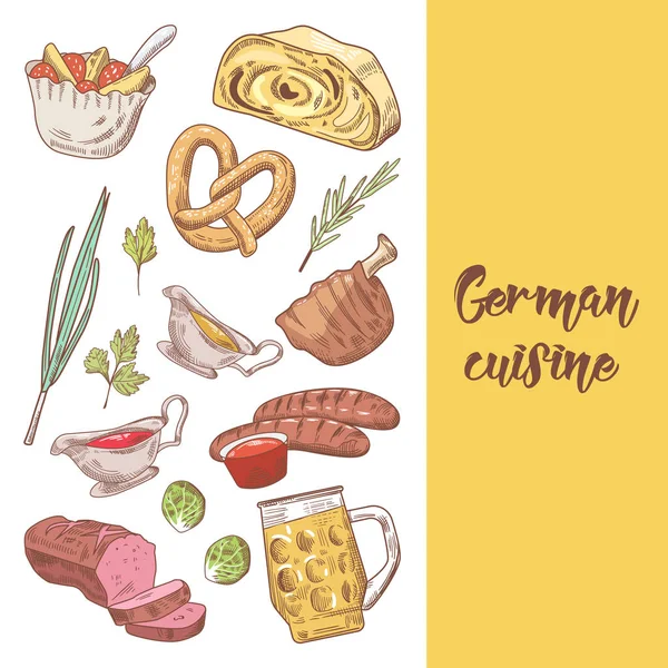 ドイツの伝統的な食べ物の手描き落書き。ドイツ料理メニュー テンプレートです。食べ物や飲み物。ベクトル図 — ストックベクタ