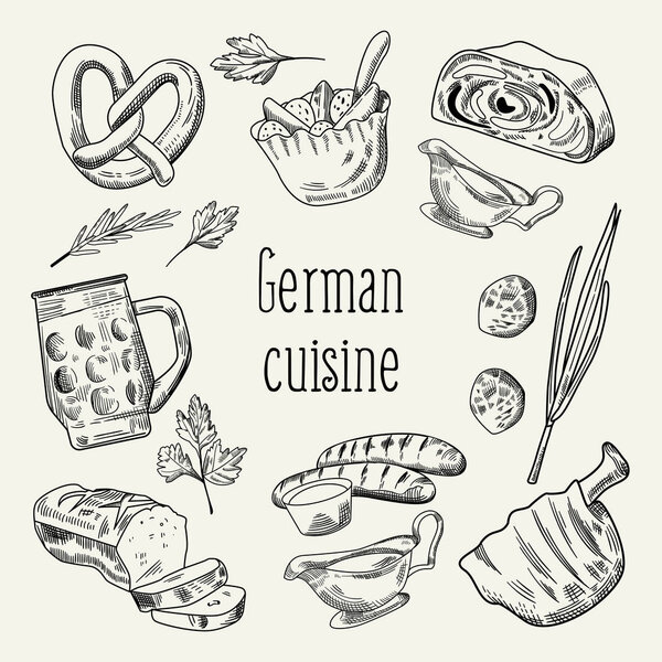 German Traditional Food Hand Drawn Outline Doodle. Germany Cuisine Menu Template. Food and Drink. Vector illustration