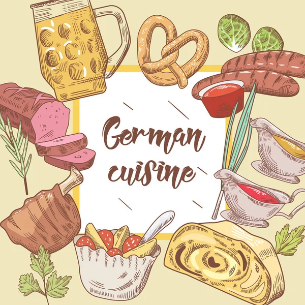 Alman geleneksel gıda elle çizilmiş arka plan. Almanya mutfağı menü şablonu. Yiyecek ve içecek. Vektör çizim — Stok Vektör