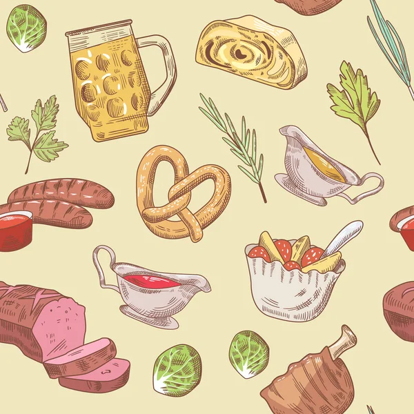 German Traditional Food Hand Drawn Seamless Pattern. Germany Cuisine Background. Food and Drink. Vector illustration