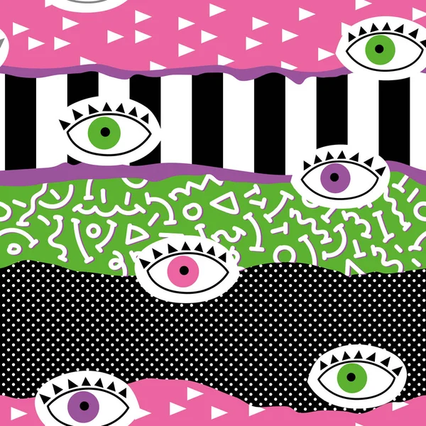 Trendiga abstrakt Memphis sömlösa mönster med ögon. Handritad geometriska mode bakgrunden för textil, Print, Cover, affisch. Vektorillustration — Stock vektor