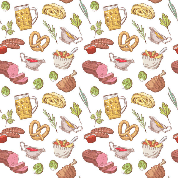 Немецкая традиционная пищевая ручка нарисована бесшовным рисунком. Германия кулинарный фон. Еда и напитки. Векторная иллюстрация
