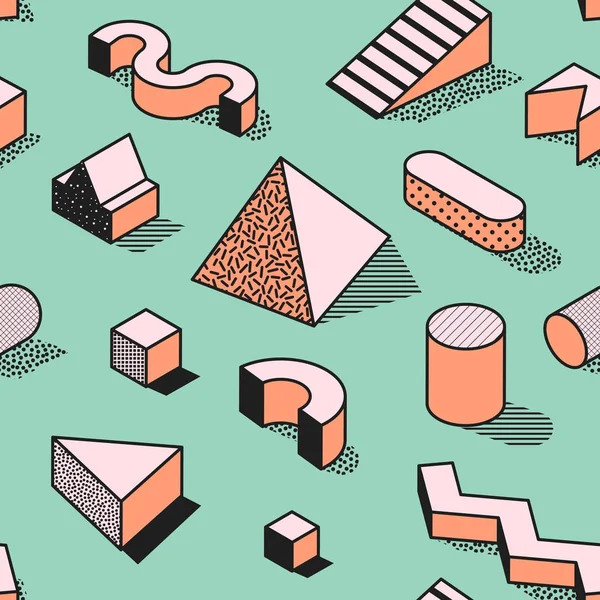 Trendiga abstrakt Memphis sömlösa mönster med 3d geometriska former. Mode bakgrund för textil, Print, Cover, affisch. Vektorillustration — Stock vektor