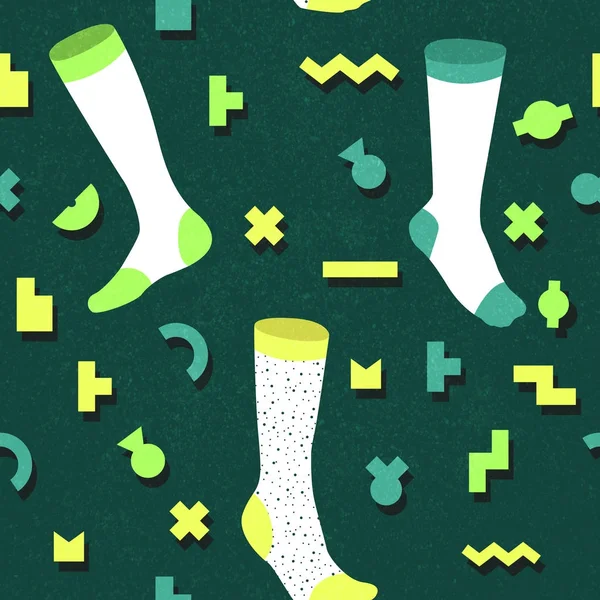Trendy Abstract Memphis Seamless Pattern with Socks (en inglés). Fondo de moda geométrica dibujado a mano para textiles, estampado, cubierta, póster. Ilustración vectorial — Vector de stock