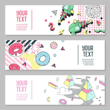 Geometrik öğelerle soyut Memphis tarzı yatay Banner. Poster, reklam tasarımı için yaratıcı Hipster Modern kompozisyon. Vektör çizim