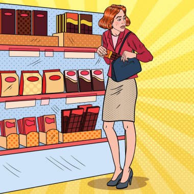 Pop Art Beautiful Woman Stealing Food in Supermarket. Shoplifting Kleptomania Concept. Vector illustration clipart