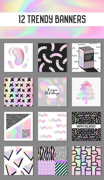 Carteles de tarjetas creativas abstractas con elementos holográficos. Diseño de moda dibujado a mano para pancarta, tablón de anuncios, invitación. Folleto Futurístico Hipster, Folleto, Folleto. Ilustración vectorial — Archivo Imágenes Vectoriales