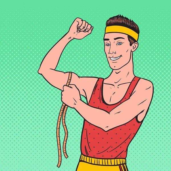 Pop Art roliga Sportsman mäter sina muskler. Hälsosam livsstil. Vektorillustration — Stock vektor