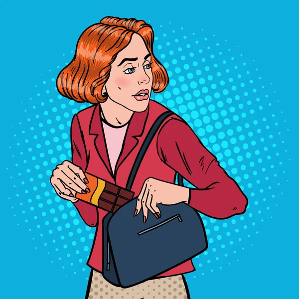 Pop Art Young Woman Mencuri Makanan di Supermarket. Mengutil Konsep Kleptomania. Ilustrasi vektor - Stok Vektor