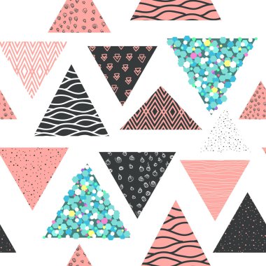 Soyut Memphis geometrik şekiller ile Seamless modeli. Üçgenler ile hipster arka plan. Vintage 80s 90s için kumaş, Poster, kapak tasarımı. Vektör çizim