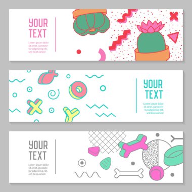 Geometrik öğelerle soyut Memphis tarzı yatay Banner. Poster, reklam tasarımı için yaratıcı Hipster Modern kompozisyon. Vektör çizim