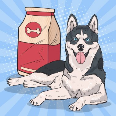Sanat Husky köpek büyük gıda paketi ile pop. Vektör çizim