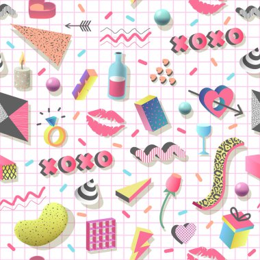 Geometrik şekiller, kalp, dudakları ile romantik soyut Seamless modeli. Trendy 80s 90s kumaş, afiş, davetiye kartı vektör çizim için Sevgililer günü arka plan