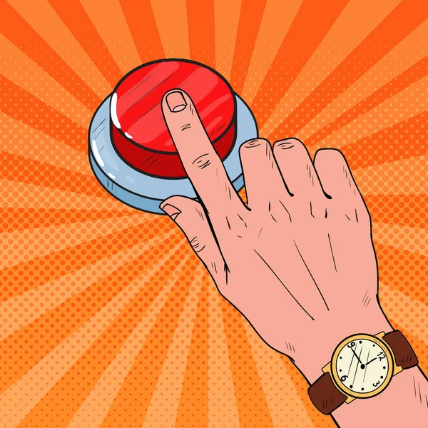 Pop Art mano maschile premendo un grande pulsante rosso. Chiamata d'emergenza. Illustrazione vettoriale — Vettoriale Stock