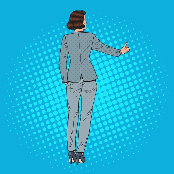 Pop Art Business Woman Presionando el botón virtual imaginario. Ilustración vectorial — Vector de stock
