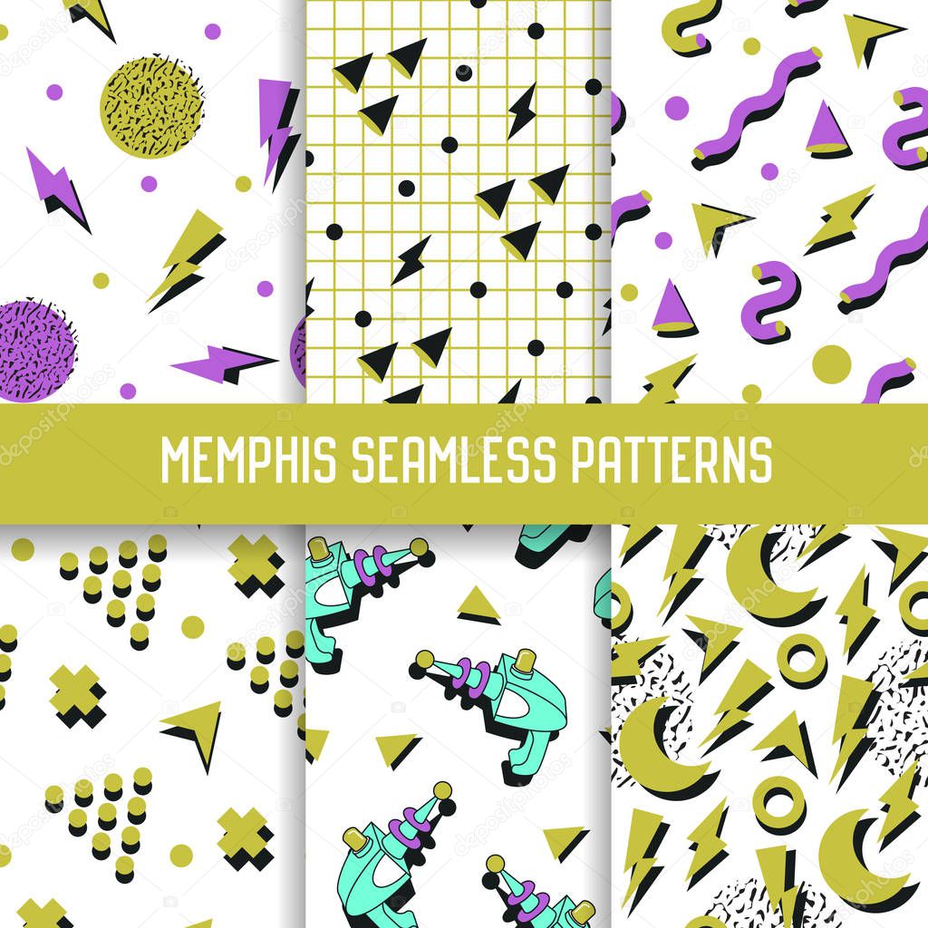 Abstract Trendy Memphis Seamless Patterns Set. Geometric Shapes White Backgrounds for Texture, Wrapping, Wallpaper, Fabric. Vector illustration