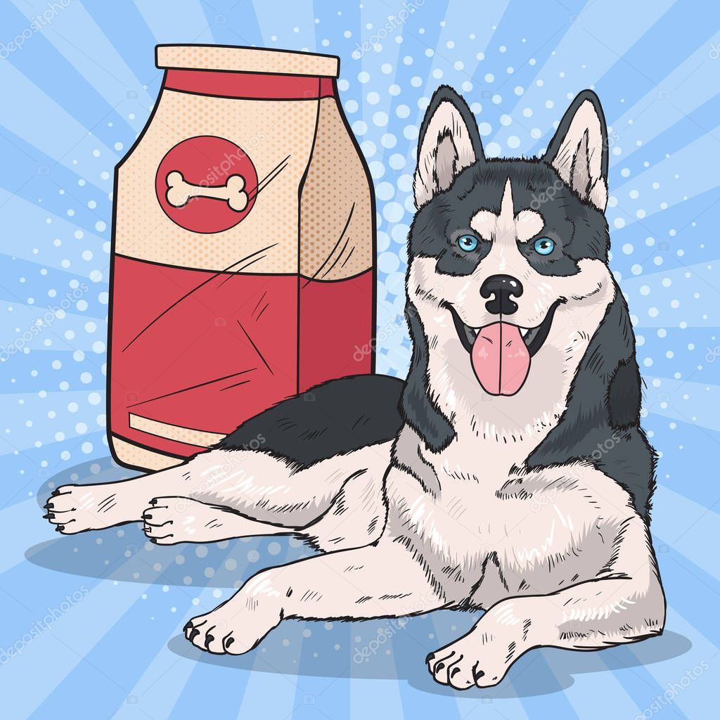 Pop Art Husky Dog with Big Food Pack. Vector illustration
