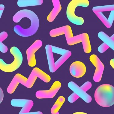 Soyut Memphis gerçekçi geometrik şekiller ile Seamless modeli. Poster, afiş, kaplama için sıvı sıvı arka plan. Vektör çizim