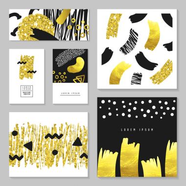 Altın Glitter Hediyelik tebrik kartları şablonları kümesi. Soyut elle çizilmiş arka plan tasarım davet, Poster, afiş, kapak için. Vektör çizim