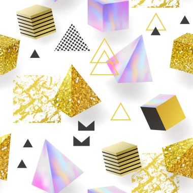 Trendy altın Glitter Memphis Seamless modeli. Geometrik öğelerle parlak arka plan. Glamour moda kumaş tasarım Tekstil, Poster, baskı için. Vektör çizim