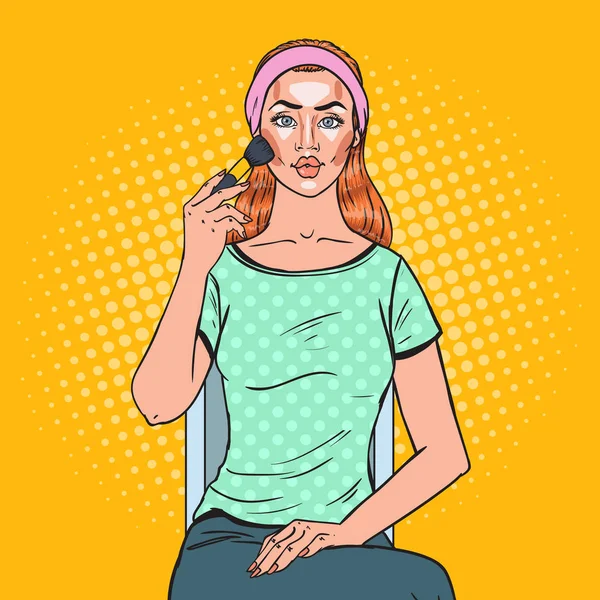 Pop Art Beautiful Young Woman Applying Contouring Make-up. Skin Care Beauty Concept. Vector illustration — Stock Vector