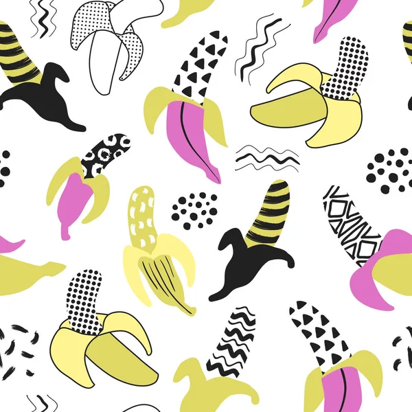 Patrón sin costuras de Memphis con plátano. Fondo abstracto de tela de moda con elementos dibujados a mano para textiles, envoltura, diseño de moda. Ilustración vectorial — Vector de stock