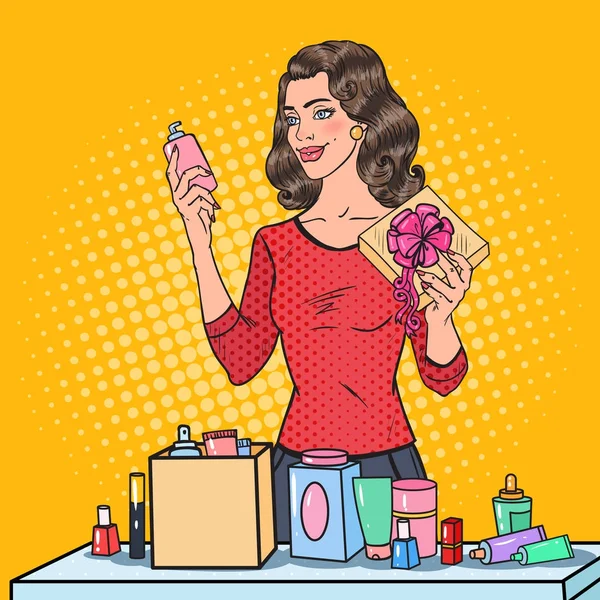 Pop Art Beautiful Woman with Wrapping Cosmetics in Gift Box. Beauty Presents. Vector illustration