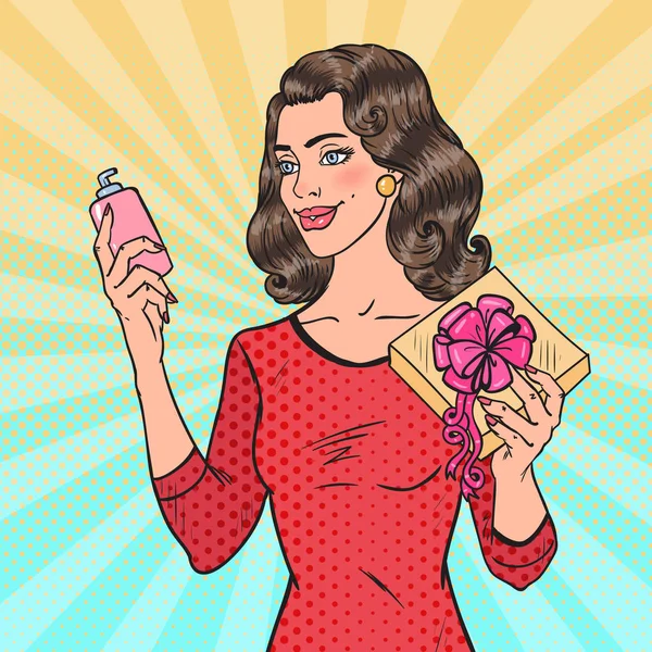 Pop Art Hermosa mujer sosteniendo caja de regalo con cosméticos. Regalos de belleza. Ilustración vectorial — Archivo Imágenes Vectoriales