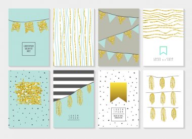 Doğum günü davetiye kartları ayarlayın. Altın Glitter el ilanı, afiş, Poster şablonu. Soyut altın parti desenleri. Vektör çizim