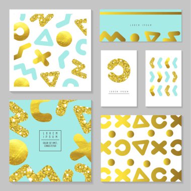 Altın sim kart şablon kümesi. Davetiyeler, posterler, posterlerini açmaları, kapak için soyut altın tasarım. Vektör çizim