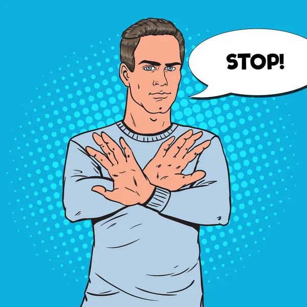 Pop Art Man gebaren Hand stopbord. Guy weigeren van iets. Vectorillustratie — Stockvector