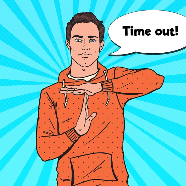 Pop Art Man gestikulerande Time Out Hand tecken. Vektorillustration — Stock vektor