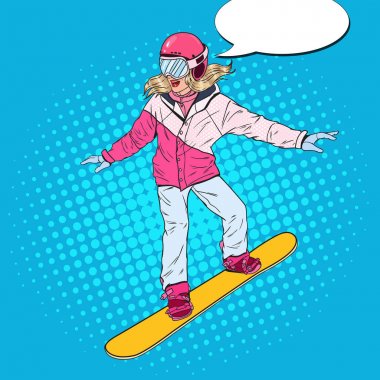 Pop Art kadın snowboard yamaçlarında. Snowboard ile parlak spor giyim güzel kız. Vektör çizim