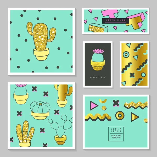 Abstract Cards with Golden Glitter Texture and Cactus. Poster Design Cover Business Brochure Template Set with Geometric Elements. Illustration vectorielle — Image vectorielle