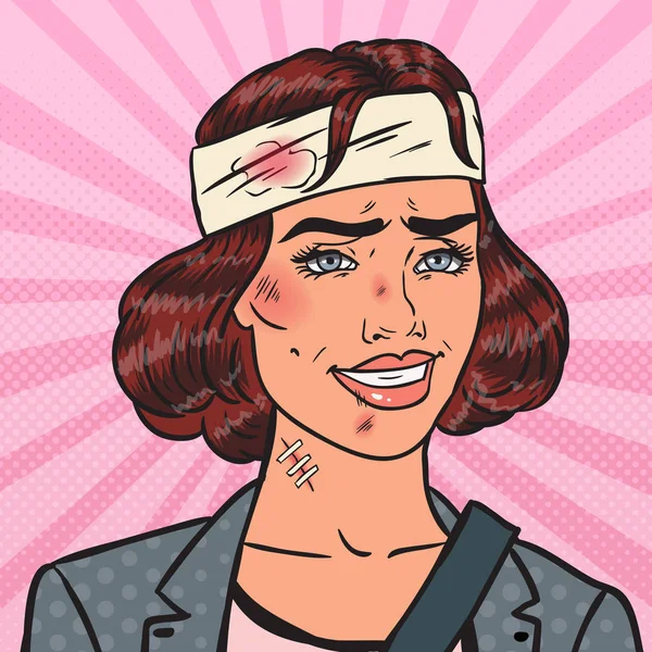 Pop Art Beaten Business Woman Smiling. Oficina lesionada Trabajadora. Ilustración vectorial — Vector de stock