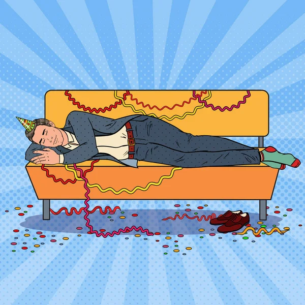 Бизнесмен поп-арта спит на диване после корпоративной вечеринки. Новогодний праздник, день рождения. Векторная иллюстрация — стоковый вектор