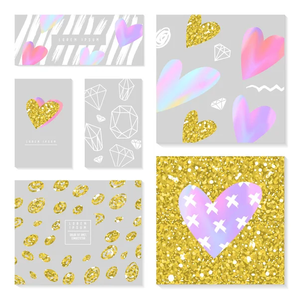 Love Greeting Cards Set con textura de brillo dorado y corazones para el día de San Valentín, boda, aniversario. Ilustración vectorial — Archivo Imágenes Vectoriales