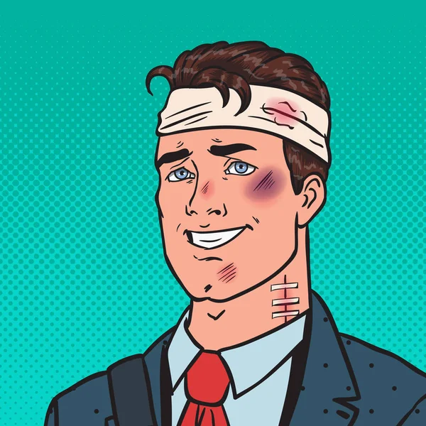 Pop Art derrotado Empresário Positivo. Homem ferido, ferido. Ilustração vetorial — Vetor de Stock