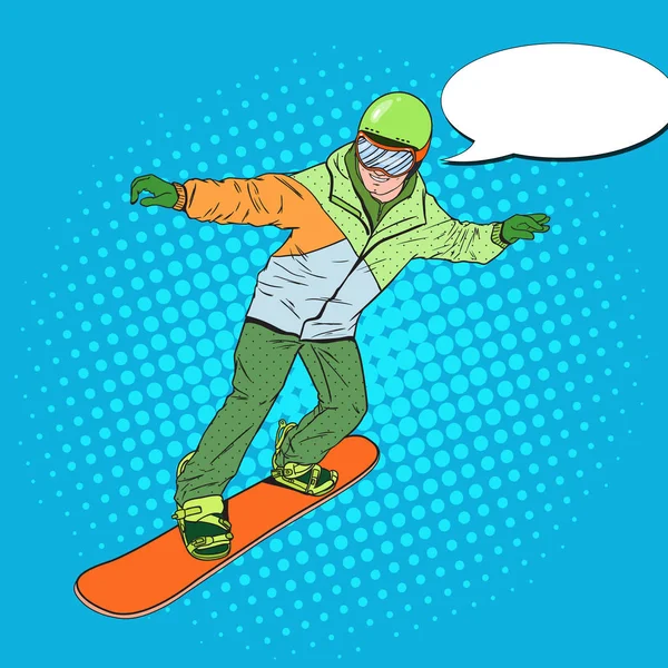 Человек-поп-арт в спортивной одежде со сноубордом. Сноубордист, делающий трюк. Векторная иллюстрация — стоковый вектор