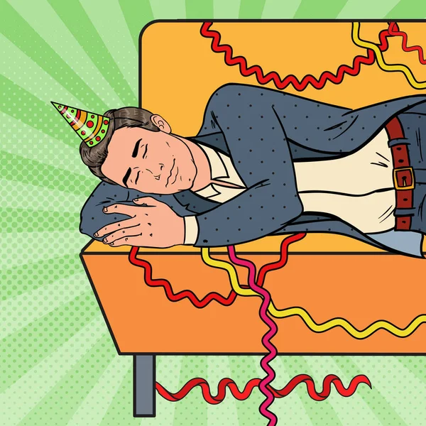 Pop-Art-Mann schläft nach Firmenfeier auf dem Sofa Neujahrsfeier, Geburtstag. Vektorillustration — Stockvektor