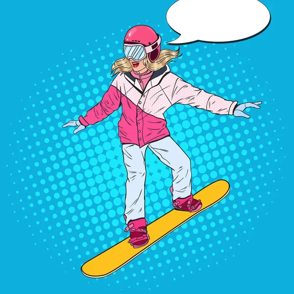 Поп-арт Сноубордистка на склонах. Красотка в яркой спортивной одежде со сноубордом. Векторная иллюстрация — стоковый вектор