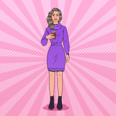 Pop Art sabah kahve ile uykuda genç kadın yorgun. Yorgun kız awaked