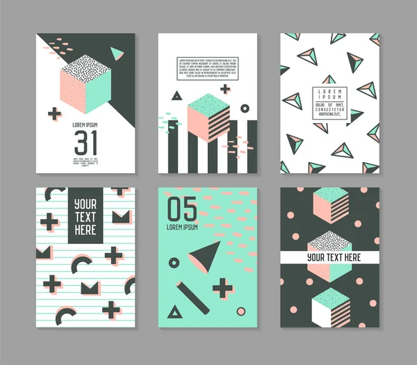 Memphis Style Geometric Elements Poster Templates Set. Abstrait Hipster Fashion 80s 90s Cards Brochure Bannières avec place pour le texte. Illustration vectorielle — Image vectorielle